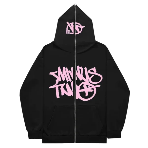 Minus Two Full Zipper Black Pink Hoodie